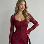 Burgundy French Lace Sweetheart Neck Midi Dress