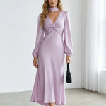 Lilac Satin Deep V-Neck Twist Midi Dress