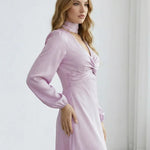 Lilac Satin Deep V-Neck Twist Midi Dress
