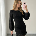 Black Long Puff Sleeve Ruched Mini Dress
