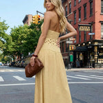 Yellow Polka Dot Ruched Bust Halter Neck Maxi Dress