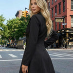 Plain Black Deep V-Neck Long Sleeve Blazer Mini Dress