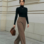Camel-Colored High-Waisted Wide-Leg Formal Office Pants