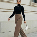 Camel-Colored High-Waisted Wide-Leg Formal Office Pants