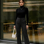 Black Pinstripe High-Waisted Wide-Leg Formal Office Pants
