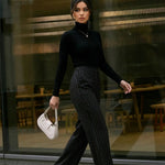 Black Pinstripe High-Waisted Wide-Leg Formal Office Pants