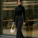Black Pinstripe High-Waisted Wide-Leg Formal Office Pants
