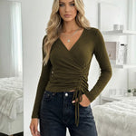 Olive Green V-Neck Wrap Long-Sleeved Shirts
