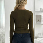 Olive Green V-Neck Wrap Long-Sleeved Shirts