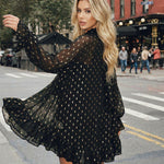 Black Gold Dot Sheer Cape Sleeve Mini Dress