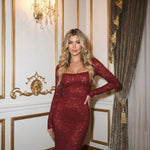 Burgundy Lace Square Neck Bodycon Maxi Dress