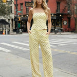 Yellow Polka Dot  Strapless Crop Top Pants Set