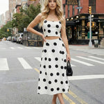 White Polka Dot Square Neck Crop Top Midi Skirt Set