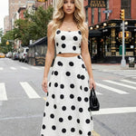 White Polka Dot Square Neck Crop Top Midi Skirt Set