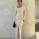 Asymmetrical Neck   High-Slit Ribbed Knit Maxi Dress