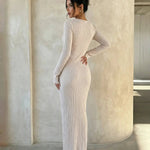 Asymmetrical Neck   High-Slit Ribbed Knit Maxi Dress