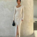 Asymmetrical Neck   High-Slit Ribbed Knit Maxi Dress