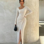Asymmetrical Neck   High-Slit Ribbed Knit Maxi Dress