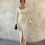 Asymmetrical Neck   High-Slit Ribbed Knit Maxi Dress