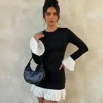 Contrast Pleated Hem Bell Sleeve Bodycon Mini Dress