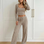 Striped Crop Top And Wide-Leg Pants Set