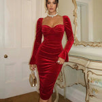 Red Velvet Ruched Puff Sleeve Midi Dress
