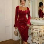 Red Velvet Ruched Puff Sleeve Midi Dress