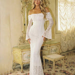 Off-The-Shoulder Lace Bell Sleeve Bodycon Maxi Dress