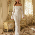 Off-The-Shoulder Lace Bell Sleeve Bodycon Maxi Dress