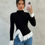 Ruffled Hem Mock Neck Contrast Knit Top