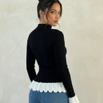 Ruffled Hem Mock Neck Contrast Knit Top