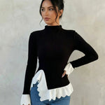 Ruffled Hem Mock Neck Contrast Knit Top