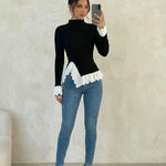 Ruffled Hem Mock Neck Contrast Knit Top