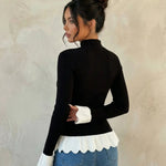 Ruffled Hem Mock Neck Contrast Knit Top