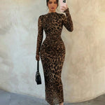 Leopard Print Mesh Ruched Bodycon Maxi Dress