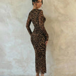 Leopard Print Mesh Ruched Bodycon Maxi Dress