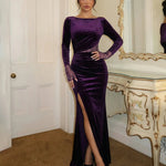 Purple Velvet  Side Slit Maxi Dress With Embellished