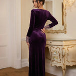 Purple Velvet  Side Slit Maxi Dress With Embellished