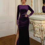 Purple Velvet  Side Slit Maxi Dress With Embellished