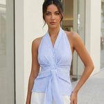 LightBlue Striped Halter Neck Tie Front Sleeveless Blouse