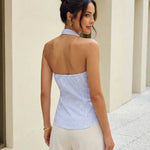LightBlue Striped Halter Neck Tie Front Sleeveless Blouse
