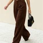 Brown Textured High Waisted Loose Wide Leg Trousers