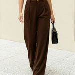 Brown Textured High Waisted Loose Wide Leg Trousers