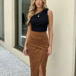 Brown Ruched Wrap Midi Skirt
