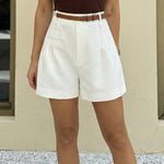 White High Waisted Pleated Tailored Shorts