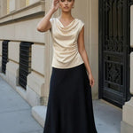 Elegant Cowl Neck Satin Regular Fit Hip Length Top Champagne