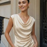 Elegant Cowl Neck Satin Regular Fit Hip Length Top Champagne