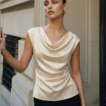 Elegant Cowl Neck Satin Regular Fit Hip Length Top Champagne