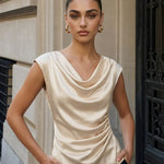Elegant Cowl Neck Satin Regular Fit Hip Length Top Champagne