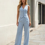 Light Blue Elegant Pinstripe Tailored Sleeveless Vest Long Pants Set